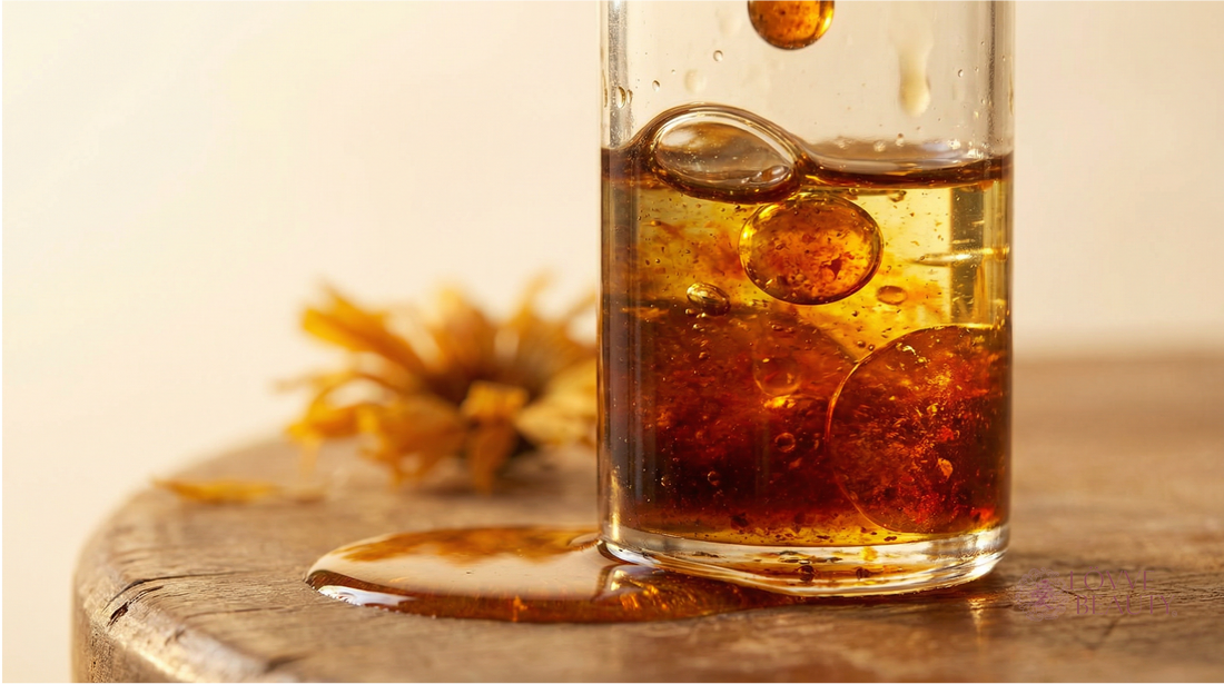 Close-up of unrefined oil for skin with natural color and texture, reflecting botanical skincare benefits for sensitive skin