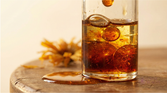 Close-up of unrefined oil for skin with natural color and texture, reflecting botanical skincare benefits for sensitive skin